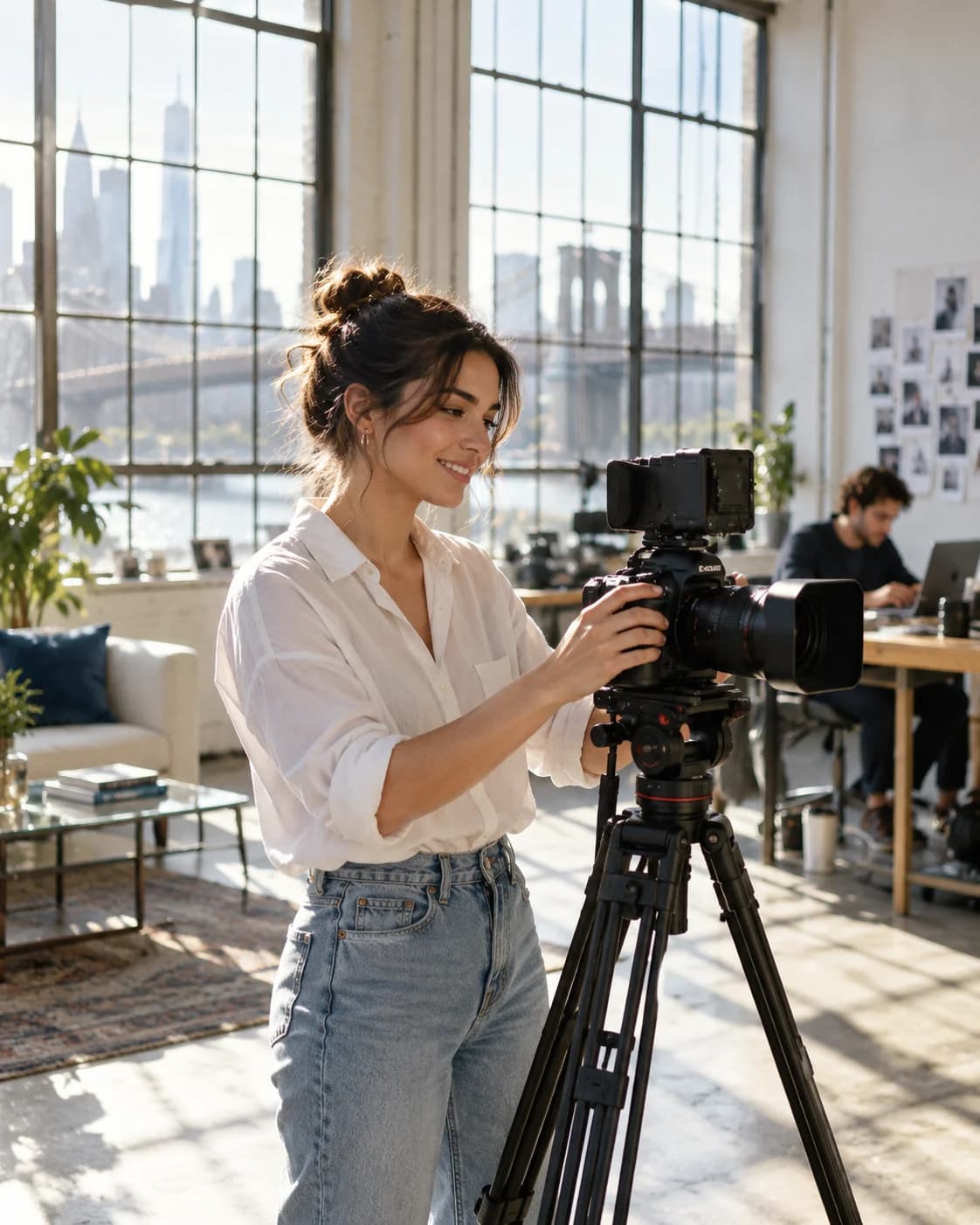 Behind the scenes of a creator filming original video content in a bright production studio