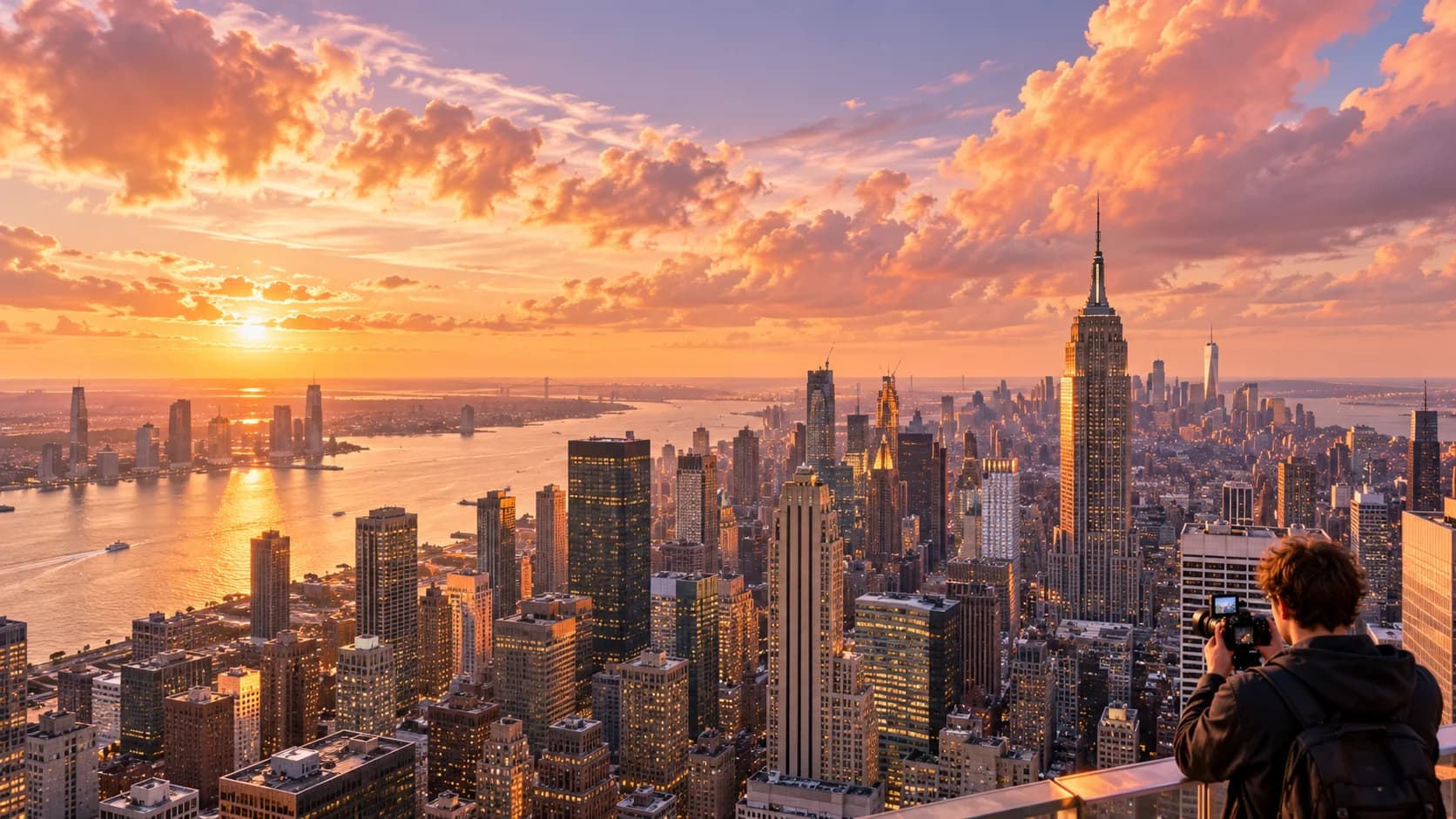 A creator filming the sunlit New York skyline beneath dramatic sunset clouds